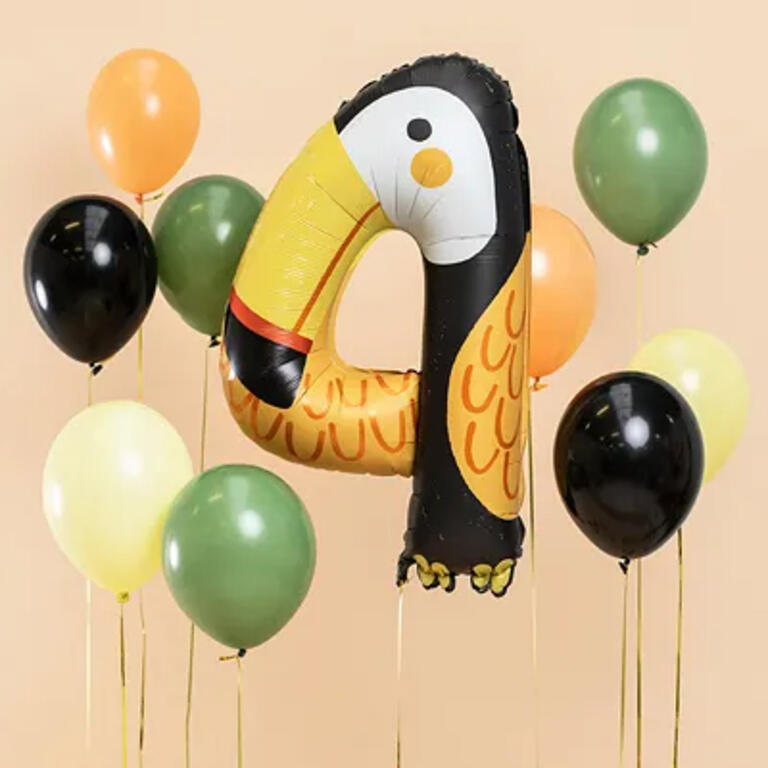 Ballon_XXL-Zahl_4_Tiermotiv_Pelikan_91cm_XXL_Folienballon_Pelikan_im_Hintergund mit weiteren Luftballons