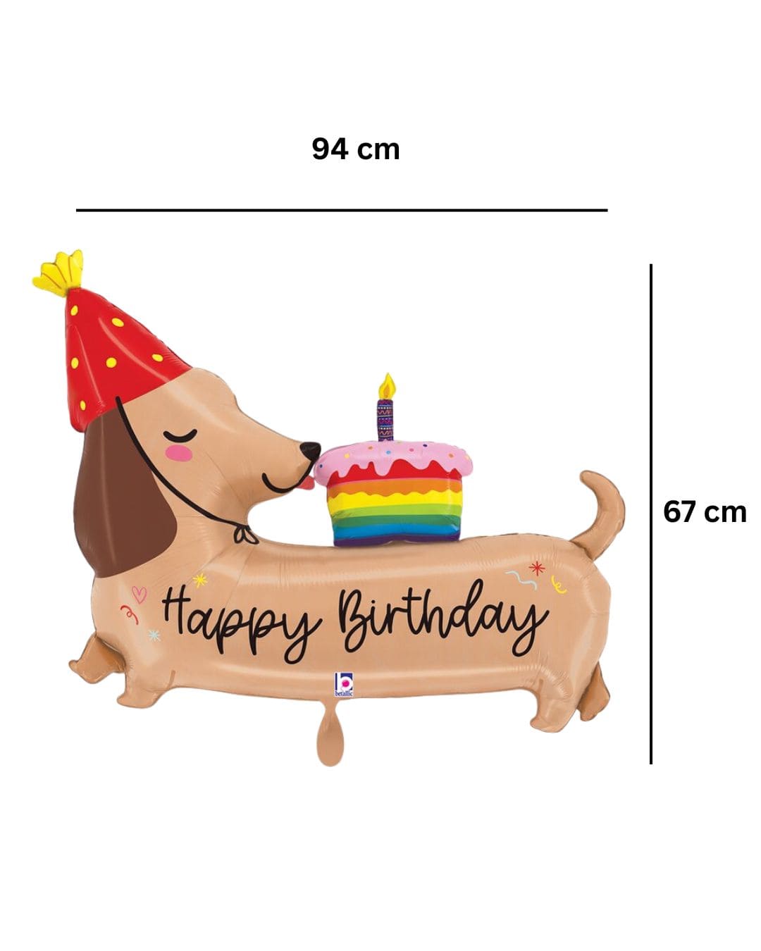 XXL Ballon_Dachshund_Happy_Birthday_Größe_94x67cm_Dackel mit Partyhut und Torte
