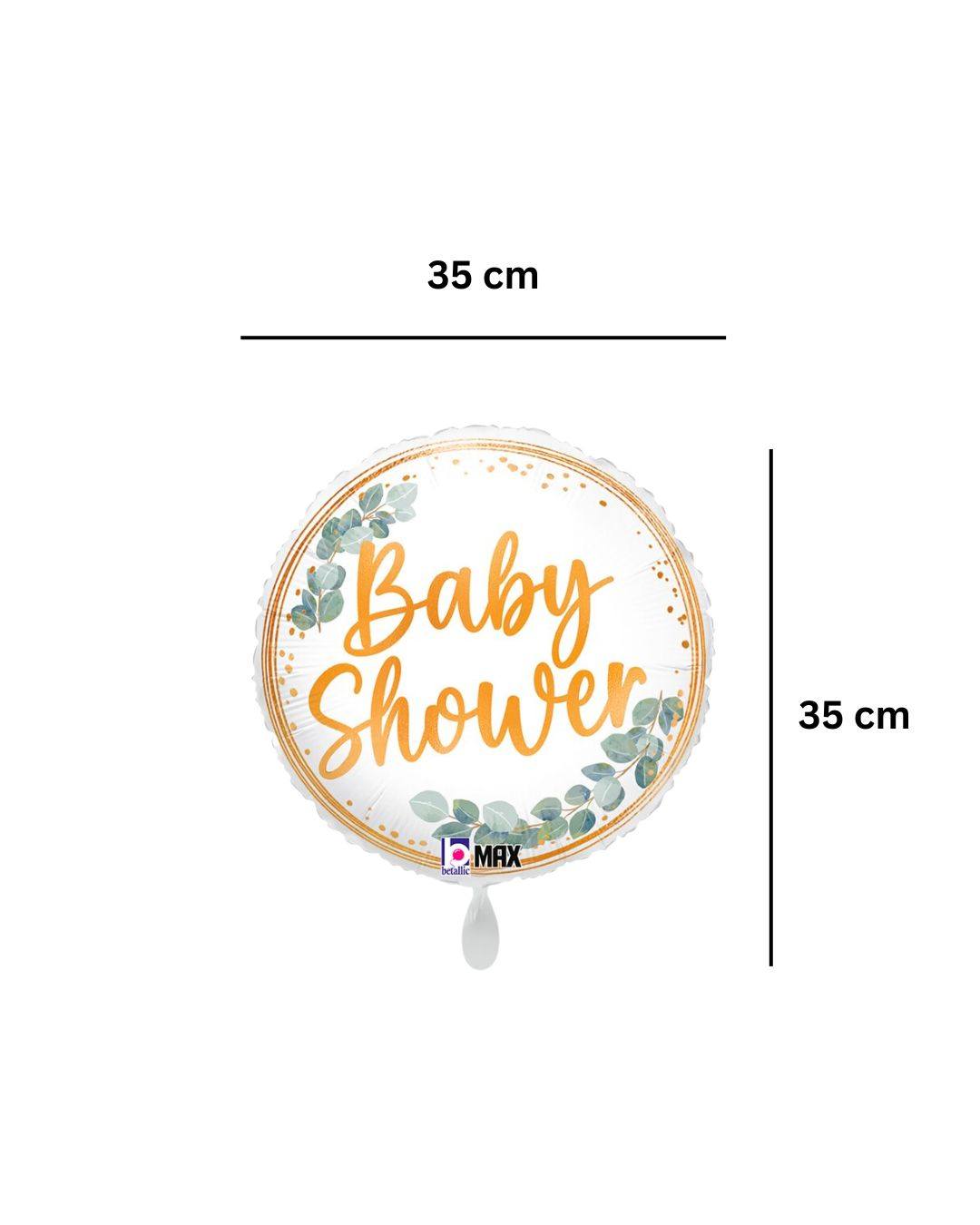 Baby_Shower_Schriftzug_mit_eucalyptus_Verzierung_Groesse_35x35cm_Folienballon_rund_Baby_Party