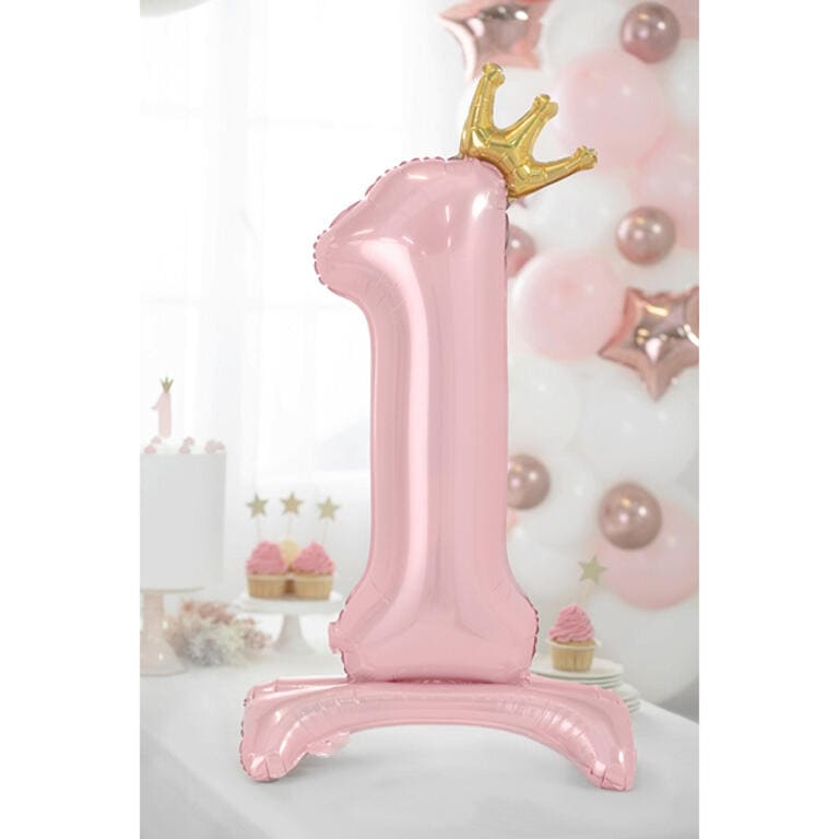 Ballon_XXL-Zahl_1_mit_Standfuss_und_goldenerKrone_zum1.GeburtstagPrinzessin_84cm_XXL_Folienballon_steht_auf_einem_Geburtstagstisch